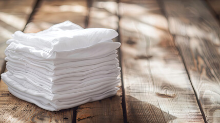 Neatly Folded White T-Shirts on Wooden Surface