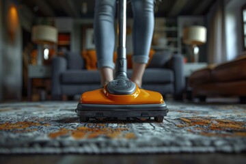 the woman housekeeper maneuvers a vacuum cleaner across the studio floor with one hand while effortlessly holding a feather duster in the other hand  - obrazy, fototapety, plakaty