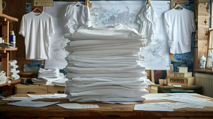 An artistic rendering of a pile of white t-shirts as seen through the lens of a fashion designer with floating measuring tapes and sketches surrounding the pile