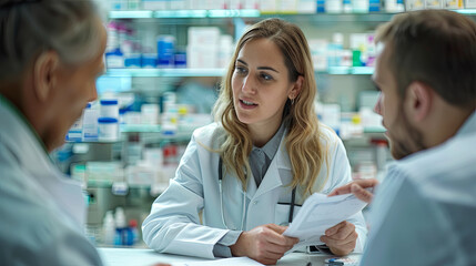 An image capturing a pharmacist coordinating a clinical trial working closely with patients and medical professionals