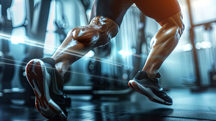 Dynamic photograph capturing the quadriceps muscles in mid-action showcasing the defined fibers during a high-intensity workout - obrazy, fototapety, plakaty