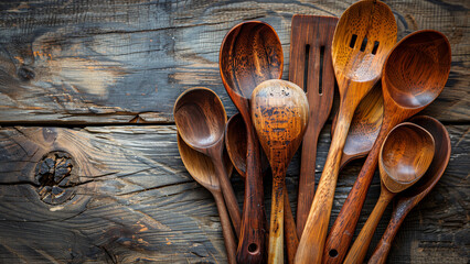 A stacked group wooden cutlery - obrazy, fototapety, plakaty