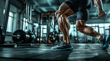 Dynamic photograph capturing the quadriceps muscles in mid-action showcasing the defined fibers during a high-intensity workout - obrazy, fototapety, plakaty
