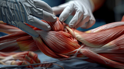 Photorealistic depiction of a surgical procedure focusing on the muscles with a doctors hands in view