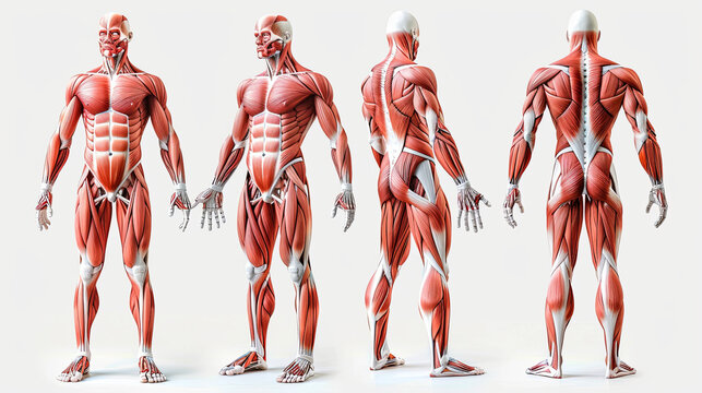 Detailed anatomical illustration of the full human body highlighting every major muscle group and their fibers with scientific accuracy