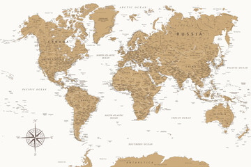 World Map - Highly Detailed Vector Map of the World. Ideally for the Print Posters. Golden Colors - obrazy, fototapety, plakaty