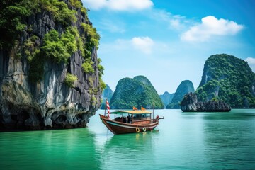 Tropical island  Long bay  Asia Amazed nature scenic landscape of James Bond Island with a boat for...