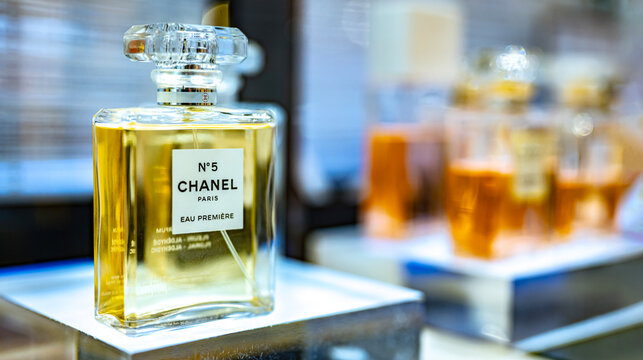 Bottle of Chanel No. 5 perfume on a store shelf