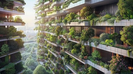 Large Building With Balconies Filled With Plants - obrazy, fototapety, plakaty