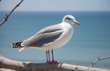 Obraz premium A seagull perching on a branch, looking at the tranquil sea