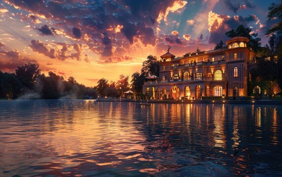 Sunset Serenity, The Majestic Lakeside Mansion in Golden Hour Splendor,Capturing the Grandeur of a Lakeside Mansion at Sunset Generative Ai