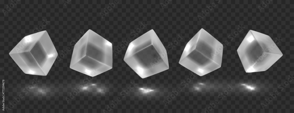 Poster transparent cubes in different angles with reflection. isolated glossy geometric objects. realistic 