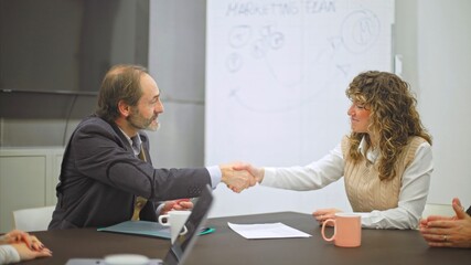 Handshake between colleagues at marketing meeting