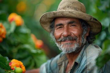 Fototapeta premium Spanish smiling male farmer working in the fields, portrait, nice weather