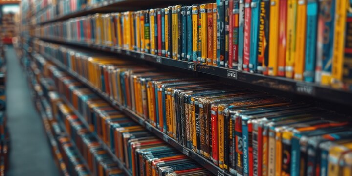 Multiple DVDs are neatly stacked on a shelf