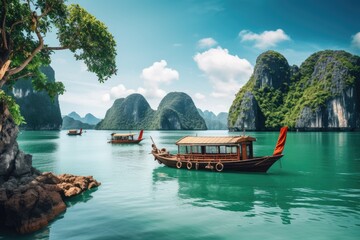 Tropical island  Long bay  Asia Amazed nature scenic landscape of James Bond Island with a boat for a traveler, Ai generated