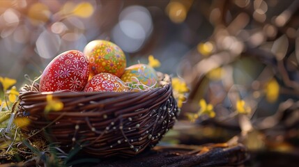 Easter eggs nestled in a wicker basket among spring blossoms