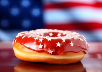 Patriotic donut with red frosting and American flag background
