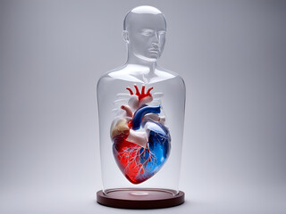 A model photo demonstration of a strong transparent glass body with a powerful heart