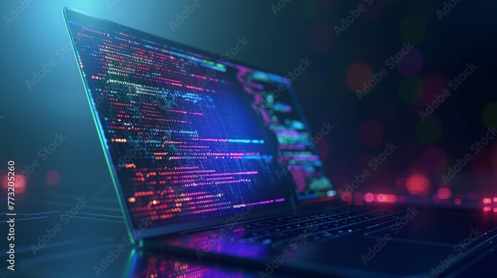 Poster Concepts of software, web development, and programming. Abstract programming language and program code on a laptop screen. Laptop and icons representing a company network. Technology of software