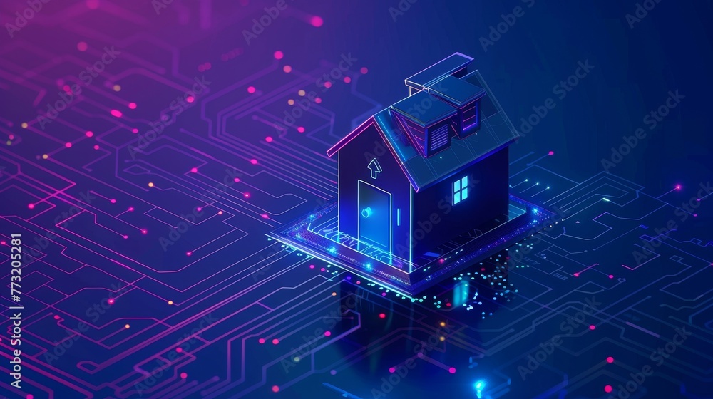 Poster The concept of a smart home security system is presented in a 3D isometric format with digits which act as protective shields. The background is protected by IOT software.