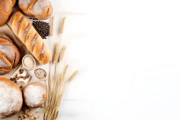 Gartenposter An array of freshly baked bread with wheat ears, flour, and grains on a white background, symbolizing baking and harvest. Generative AI © Breyenaiimages