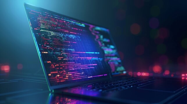 Concepts of software, web development, and programming. Abstract programming language and program code on a laptop screen. Laptop and icons representing a company network. Technology of software