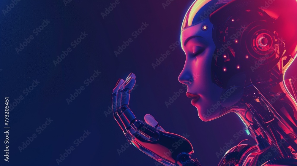 Poster Robot woman holding robotic arm in her palm as part of a concept of Industry 4.0, which uses artificial intelligence for the automation of production in a smart factory.