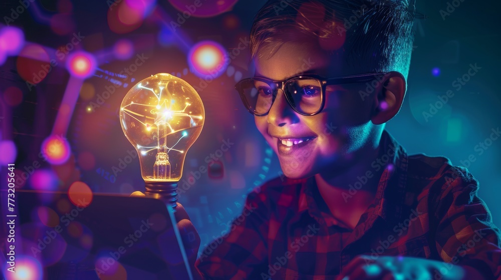 Poster A smiling clever boy with an idea symbol bulb programs on a laptop in computer programming language scratch. Children learn how to develop apps for computers and mobile phones.