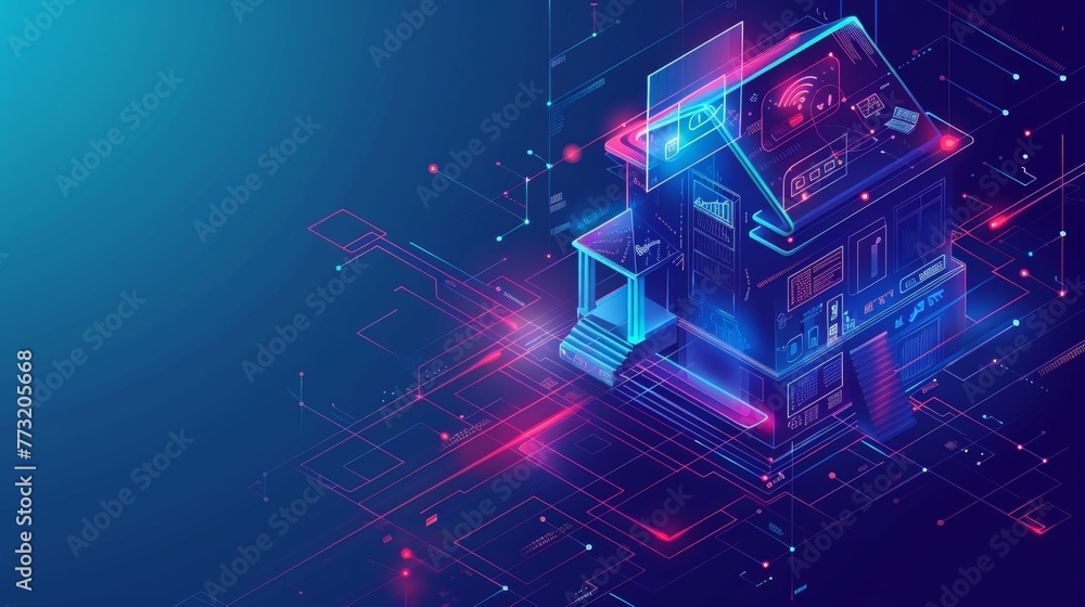 Poster Building with digits and connected with icons of smart devices. Illustration concept of System intelligent control house on blue background. IoT.