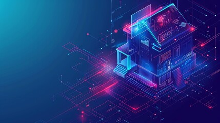 Building with digits and connected with icons of smart devices. Illustration concept of System intelligent control house on blue background. IoT.