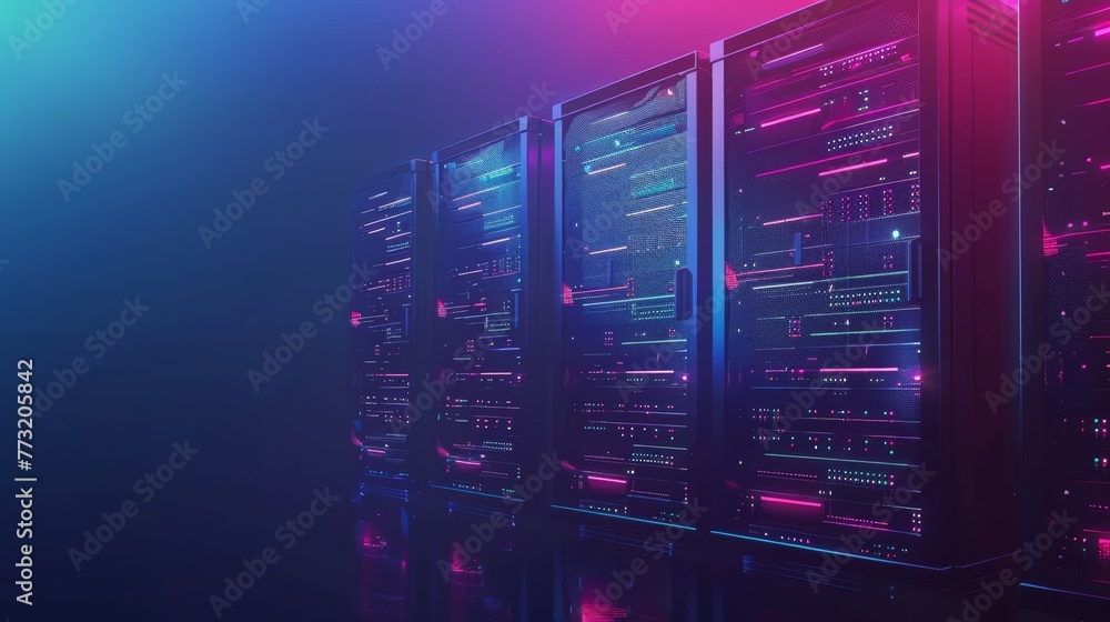 Poster Cloud computing, networking technology background. Data stream processed and piled up by servers. Conceptual banner of data center or digital storage.