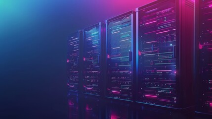 Cloud computing, networking technology background. Data stream processed and piled up by servers. Conceptual banner of data center or digital storage.