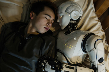 Asian boy sleeping with humanoid robot in bed. Artificial intelligence interaction taking care of human. Surveillance technology - obrazy, fototapety, plakaty