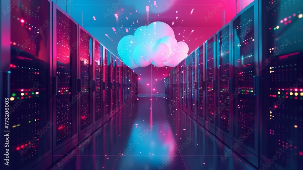 Aufkleber Statistical analysis of big data, cloud computing in the data center. Technology for storing, protecting, and processing digital information in the internet. Racks of servers inside the data center