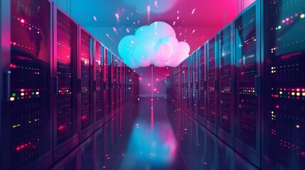 Statistical analysis of big data, cloud computing in the data center. Technology for storing, protecting, and processing digital information in the internet. Racks of servers inside the data center