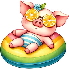 cute summer funny pig, watercolor cute pig,pig at the beach,beach activities,summer pig,summer season.