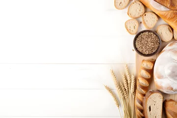 Foto op Canvas An array of freshly baked bread with wheat ears, flour, and grains on a white background, symbolizing baking and harvest. Generative AI © Breyenaiimages