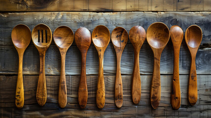 A stacked group wooden cutlery - obrazy, fototapety, plakaty