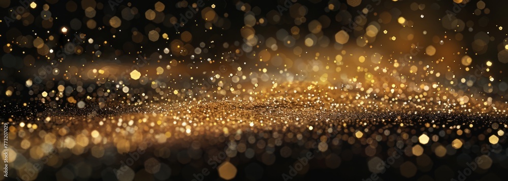 Poster a small amount of golden dust falling on a black background, with a simple and elegant style and cle