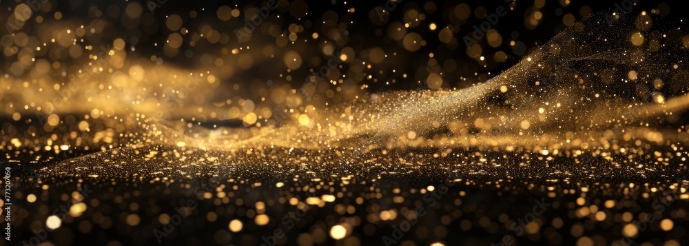 Poster The golden dust falls on the black background, creating an abstract texture with a wideangle perspective Generative AI