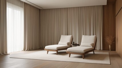 3d render of a sunbed in a wooden room with curtains