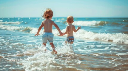 Two happy siblings playing together on the beach at daytime. Concept of two friendly siblings.