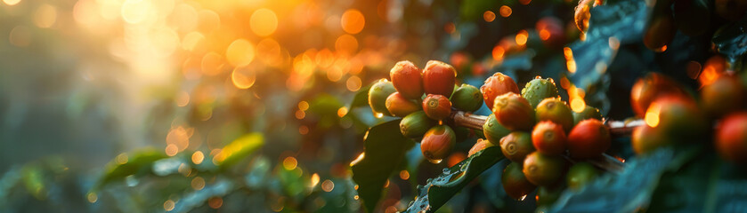 Sunlit ripe coffee berries on lush green branches with dew drops, captured during a vibrant sunset.