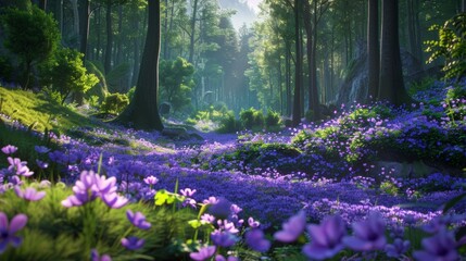 A forest filled with lots of purple flowers