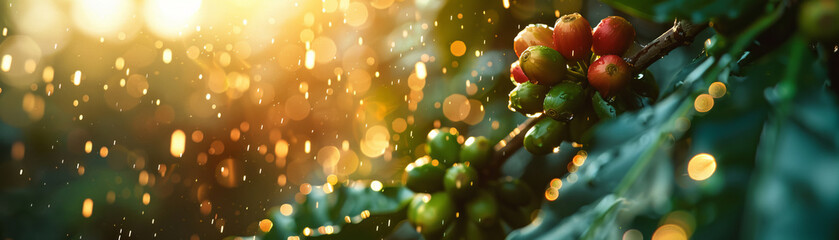 Sunlit ripe coffee berries on lush green branches with dew drops, captured during a vibrant sunset. - obrazy, fototapety, plakaty