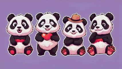 panda set stickers with heart