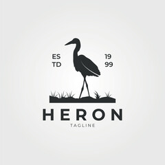 heron with vintage style logo vector illustration, heron bird print t-shirt, template , sign and symbol
