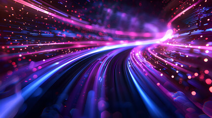 Purple and blue tunnel with light streaks. Futuristic technology concept. Abstract background with lines for network, data center, server and speed internet.