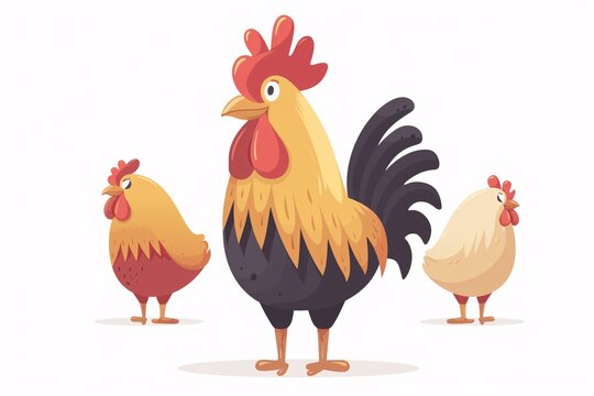 a group of chickens and roosters